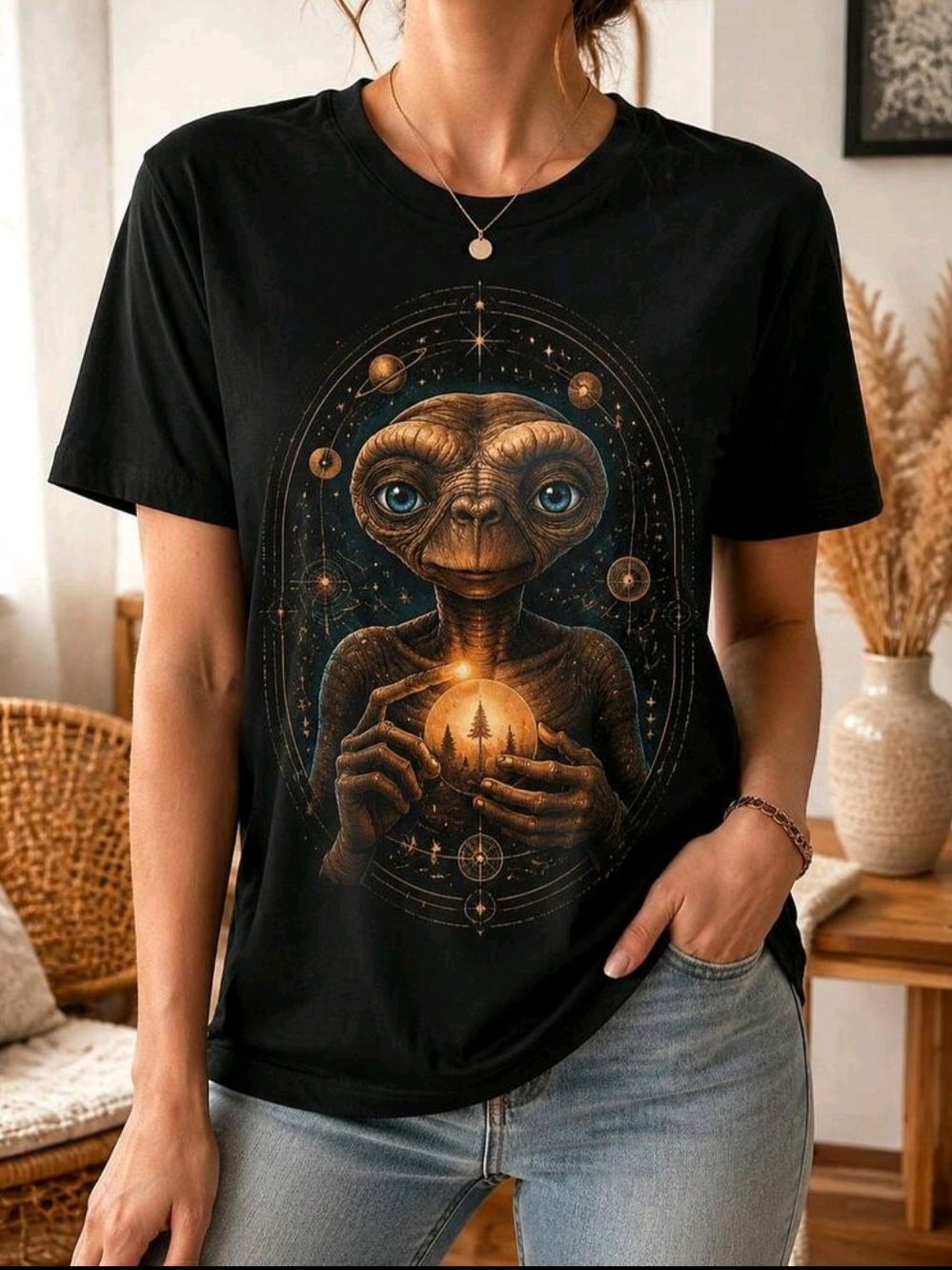 E.T. Alien T-shirt Holding Glowing Orb With Cosmic Design 100% Cotton
